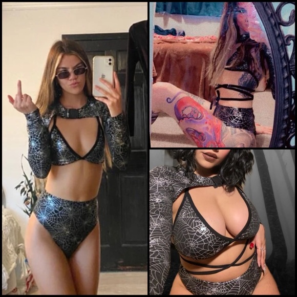 Metallic Spider Web Festival Rave Matching Bikini Arm Bolero Flare Pants Set - Picture 3 of 11